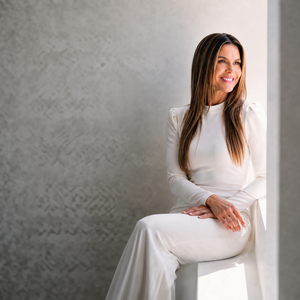 Alison L. White, founder of Fluorescent Leaders, seated in soft window light in cream.